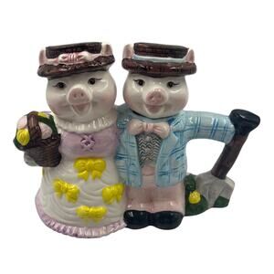 Vintage Ceramic Dressed Pigs Decorative Teapot Set Mr & Mrs Pig Fairytale
